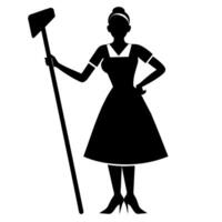 een schoonmaakster vrouw minutieus schoonmaak de kamer vlak stijl silhouet vector