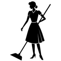 een schoonmaakster vrouw minutieus schoonmaak de kamer vlak stijl silhouet vector