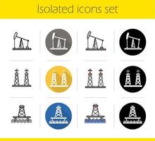 olie-industrie pictogrammen instellen. plat ontwerp, lineaire, zwarte en kleurstijlen. olieproductieplatform, kloof voor fossiele brandstoffen, aardolie offshore-zeebron. geïsoleerde vectorillustraties vector