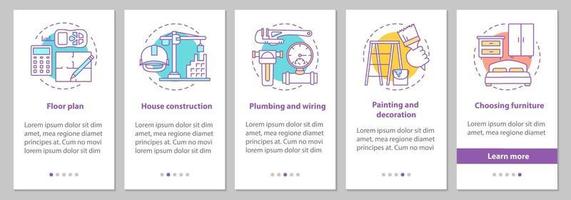 huis bouwen onboarding mobiele app paginascherm met concepten. bouw, bedrading en sanitair, schilderen en decoratie stappen grafische instructies. ux, ui, gui vectorsjabloon met illustraties vector