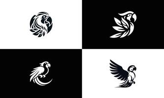 papegaai of ara zwart en wit reeks van logo's, vier logo illustraties van een exotisch vogel vector