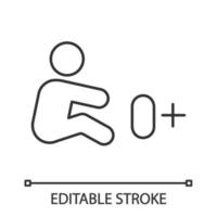 toegestaan voor kinderen vanaf de geboorte lineair pictogram. pasgeboren babyproducten. 0 . nul plusteken. veilig voor kinderen. speelgoed, leeftijdsbeperking voor voeding. contour symbool. vector geïsoleerde overzichtstekening. bewerkbare streek