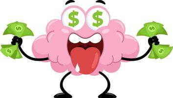 rijk hersenen tekenfilm karakter met dollar ogen en contant geld geld vector