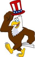 gelukkig patriottisch adelaar tekenfilm karakter vervelend een Verenigde Staten van Amerika hoed en marsen vector