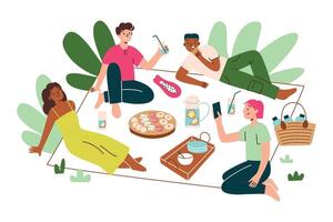 vrienden hebben picknick in zomer, tekenfilm mensen zittend Aan deken, aan het eten, drinken wijn, illustraties van voorjaar werkzaamheid, ontspanning in natuur, gelukkig mannen en Dames genieten van lunch buitenshuis vector