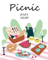 picknick uitnodiging kaart, tekenfilm samenstelling met deken en rieten mand, ansichtkaart sjabloon met kopiëren ruimte, arrangement met picknick voedsel, wijn, fruit, zomer banier, glamping concept vector