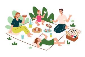 gelukkig familie hebben picknick buitenshuis, tekening illustratie van ouders en kinderen zittend Aan deken, aan het eten boterhammen, ontspannende in natuur, picknick mand icoon, zomer werkzaamheid vector