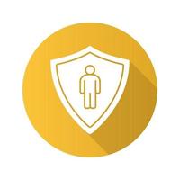 bodyguard plat lineaire lange schaduw pictogram. man binnen beschermingsschild. vector lijn symbool