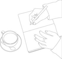 een lijn tekening hand- Holding pen met boek en thee kop vector