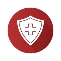 medische verzekering platte ontwerp lange schaduw icoon. veiligheidsschild met medisch kruis. verzekeringspolis. vector silhouet symbool