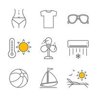 zomer lineaire pictogrammen instellen. vrouwenlichaam, t-shirt, zonnebril, zomerhitte, ventilator, airconditioning, strandbal, zonnebank, zeilboot. dunne lijn contour symbolen. geïsoleerde vectorillustraties vector