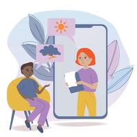 vrouw overleg plegen psycholoog online. dokter en geduldig bespreken mentaal problemen, gebruik makend van smartphone voor afstand praten. illustratie voor advies, therapie, psychologie, ondersteuning concept. vector