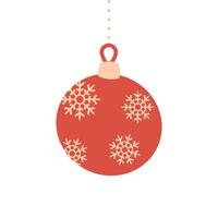 cirkel rood Kerstmis boom speelgoed- met sneeuwvlokken. illustratie in vlak stijl. seizoen decoratie, Kerstmis en nieuw jaar viering, icoon geïsoleerd Aan wit achtergrond. ontwerp sjabloon. vector