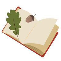 boek met herfst donker groen eik blad en eikel- geïsoleerd Aan wit achtergrond. illustratie in vlak stijl. illustratie voor web ontwerp, banier, folder, uitnodiging, kaart. vector