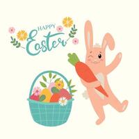gelukkig Pasen banier, poster, groet kaart. modieus Pasen ontwerp met belettering, bloemen, eieren en gelukkig konijn, in pastel kleuren Aan beige achtergrond. vlak illustratie. vector