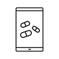 smartphone medische app lineaire pictogram. dunne lijn illustratie. slimme telefoon met pillen. mobiele apotheek winkel contour symbool. vector geïsoleerde overzichtstekening