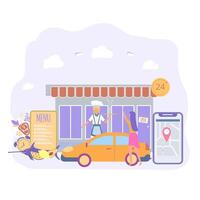 langs de weg cafe. restaurant langs de manier. auto winkel. boodschappen doen zonder weggaan de auto. kleurrijk illustratie. vector