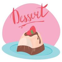 smakelijk pudding met chocola en aardbei Aan bord. heerlijk nagerecht. illustratie met belettering. ansichtkaart, poster, spandoek. illustratie voor menu of folder. vector