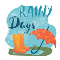 regenachtig dagen kaart, poster of spandoek. oranje laarzen, paraplu en wolken. illustratie in tekenfilm stijl vector