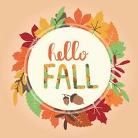 herfst krans met herfst bladeren, vallen elementen en belettering Hallo val. helder ronde kader, achtergrond met kopiëren ruimte en belettering. vector