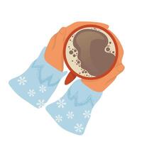 schattig illustratie van handen Holding kop van koffie. top visie van handen met cacao, thee of koffie. knus winter tijd concept. illustratie in vlak stijl. vector