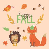 herfst achtergrond met schattig weinig vos, vogel en egel, vallend bladeren, takken en tekst gelukkig val. kinderachtig natuurlijk achtergrond met tekenfilm karakters. vector