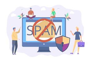 spam, nieuwsbrief. vervelend meldingen online. reclame, advertentie blokkeren software. virus bescherming. kleurrijk illustratie. vector