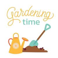 tuinieren tijd. tuin hulpmiddelen, gieter kan en schoppen. voorjaar tuinieren concept. illustratie Aan wit achtergrond voor poster, icoon, kaart, logo, etiket vector