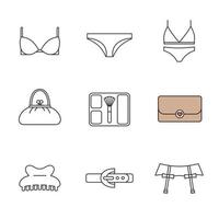 damesaccessoires lineaire pictogrammen instellen. ondergoed kousenbanden, beha en slipje, clutch, portemonnee, blusher, klauw haar clip, leren riem. dunne lijn contour symbolen. geïsoleerde vectorillustraties vector