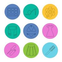 damesaccessoires lineaire pictogrammen instellen. oogschaduw, hoge hakschoen, broche, sjaal, badpak, zonnejurk, lipgloss, rok, haarborstel. dunne lijncontoursymbolen op kleurencirkels. vectorillustraties vector