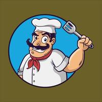 tekenfilm chef Holding een spatel en vork vector