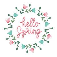 hand- getrokken belettering Hallo voorjaar kaart met decoratief bloemen kader, illustratie voor groet kaart, uitnodiging sjabloon. retro, wijnoogst belettering banier, poster, achtergrond. vector