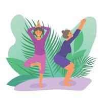 senior Dames aan het doen yoga. oud Dames maakt ochtend- yoga of ademen opdrachten. geïsoleerd illustratie. mentaal Gezondheid concept vector