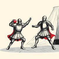 twee ridder vechten en vervelend middeleeuws schild gegraveerde lijn vector