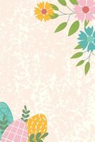 banier sjabloon voor Pasen vakantie. groet kaart, poster of banier met bloemen en Pasen eieren in pastel kleuren met structuur Aan achtergrond. vlak illustratie. vector