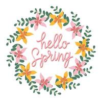 hand- getrokken belettering Hallo voorjaar kaart met decoratief bloemen kader, illustratie voor groet kaart, uitnodiging sjabloon. retro, wijnoogst belettering banier, poster, achtergrond. vector