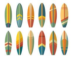 reeks van surfplanken. zomer surfboard elementen in kleurrijk patroon ontwerp geïsoleerd Aan wit achtergrond. vector