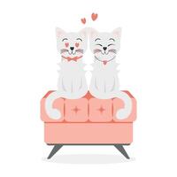 een paar- van schattig wit kittens in liefde Aan een bank. feestelijk illustratie voor Valentijnsdag dag vector