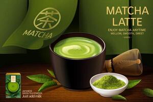 Japan matcha latte advertentie in 3d illustratie, matcha kop reeks Aan Japans houten bord met groen gordijn Aan de rug, vertaling, thee vector