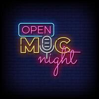 Open mic nacht neon teken Aan steen muur achtergrond vector