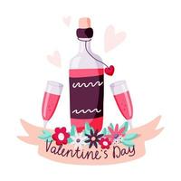 wijnfles en glazen met een drankje. Valentijnsdag concept. vector hand getekende illustratie.