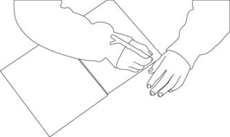 een lijn tekening hand- Holding pen met boek vector