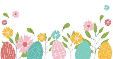 kleurrijk Pasen eieren met bloemen en bladeren Bij bodem van afbeelding Aan wit achtergrond. schattig hand- getrokken patroon ontwerp voor Pasen festival in illustratie. vector