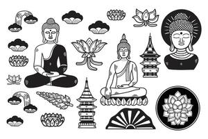 een zwart en wit tekening van een boeddhistisch monnik, een lotus bloem, en een pagode vector