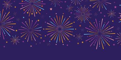 kleurrijk vuurwerk banier, festival of carnaval viering backgorund donker blauw met levendig explosies, partij behang vector