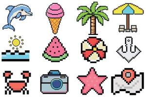 zomer pixel reeks van pictogrammen, vintage, 8 beetje, jaren 80, 90s spellen, computer speelhal spel artikelen, strand paraplu, zon, anker, dolfijn, palm, zeeschelp, zeester, ijs room, watermeloen. y2k mode icoon vector