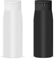 kunstmatig flessen mockup in zwart en wit kleur met zwart deksel. premie plastic pakket voor room, shampoo, douche gel geïsoleerd Aan wit achtergrond. hq 3d illustratie. vector