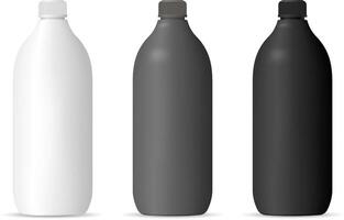 flessen mockup reeks voor kunstmatig of huishouden producten. cilinder verpakking containers in matte zwart, wit of grijs kleur plastic voor shampoo, gel, lotion, haar- en lichaam producten, chemie. vector