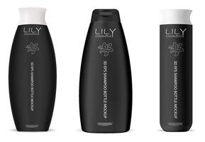 reeks van zwart kunstmatig flessen voor shampoo, gel, zeep en andere vloeistof producten. 3d mockup verpakking ontwerp. vector