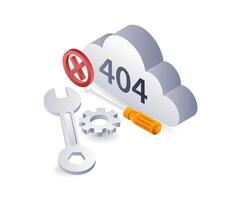 technologie systeem fout code 404 reparatie wolk symbool, vlak isometrische 3d illustratie infographic vector